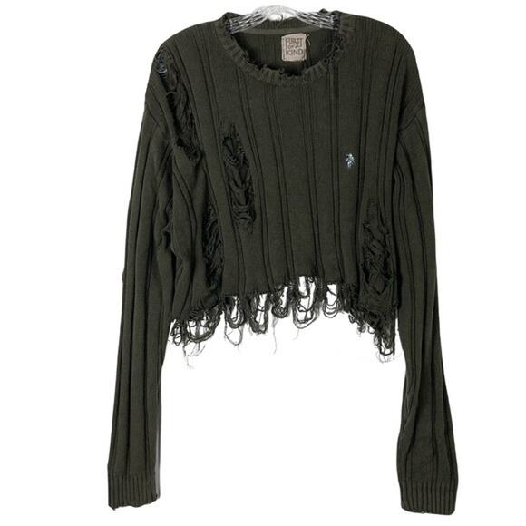 NWOT FURST OF A KIND Sweater Women~M~L Oversized Olive-Green Rib Distressed Crop - Picture 1 of 11